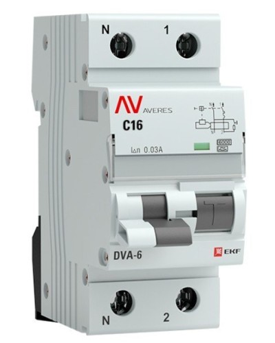 DVA-6 1P+N 16А (C) 30мА (A) 6кА  AVERES (rcbo6-1pn-16C-30-a-av). Автоматический выключатель дифференциального тока. EKF в Симферополе