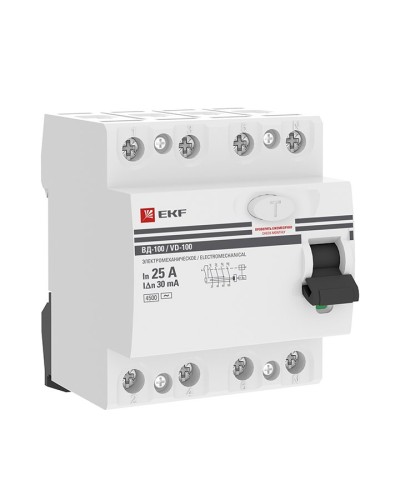 УЗО ВД-100 4P 25А 30мА тип AC эл-мех  PROxima (elcb-4-25-30-em-pro). Выключатель дифференциального тока (УЗО). EKF в Симферополе