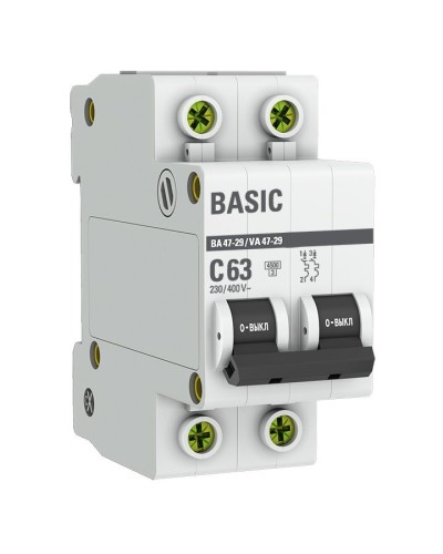 Автоматический выключатель 2P 63А (C) 4,5кА ВА 47-29 Basic (mcb4729-2-63C). Автоматический выключатель. EKF в Симферополе